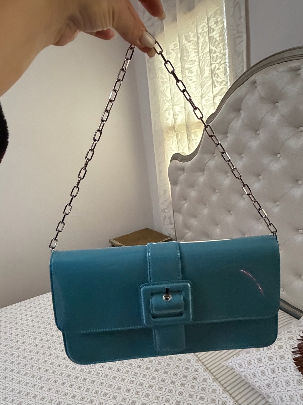 LOFT Teal Chain Strap Shoulder Bag with Buckle Detail